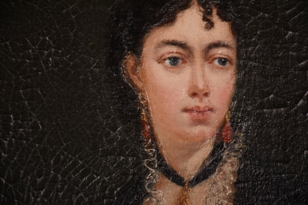 19th Century Portrait of Woman Standing at Open Balcony