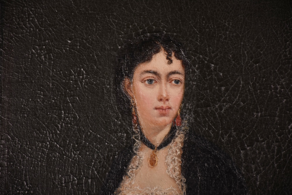 19th Century Portrait of Woman Standing at Open Balcony