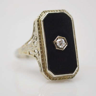 Edwardian 14K White Gold Onyx and Diamond Tablet Ring