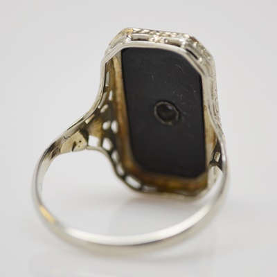 Edwardian 14K White Gold Onyx and Diamond Tablet Ring