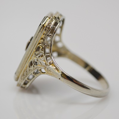Edwardian 14K White Gold Onyx and Diamond Tablet Ring