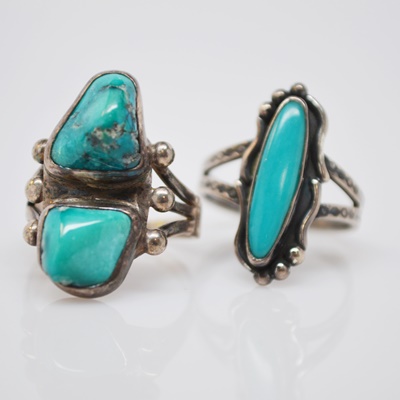 Two Native American Style Sterling Silver Turquoise Rings