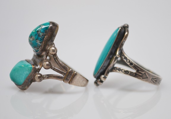 Two Native American Style Sterling Silver Turquoise Rings