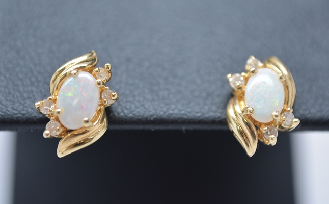 14K Yellow Gold Opal and Diamond Pierced Earrings