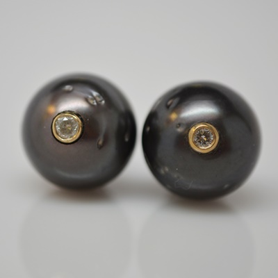 14K Yellow and White Gold Tahitian Cultured Pearl and Diamond Pierced Earrings