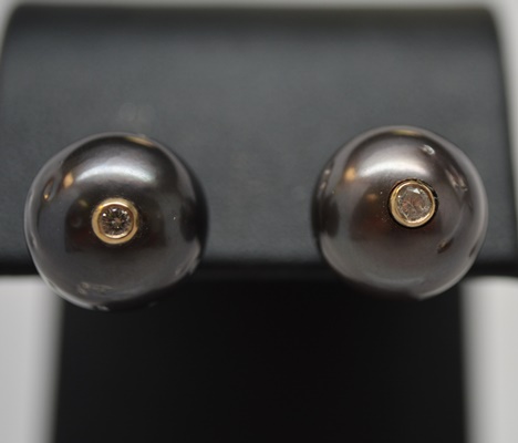 14K Yellow and White Gold Tahitian Cultured Pearl and Diamond Pierced Earrings