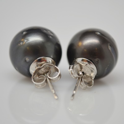 14K Yellow and White Gold Tahitian Cultured Pearl and Diamond Pierced Earrings