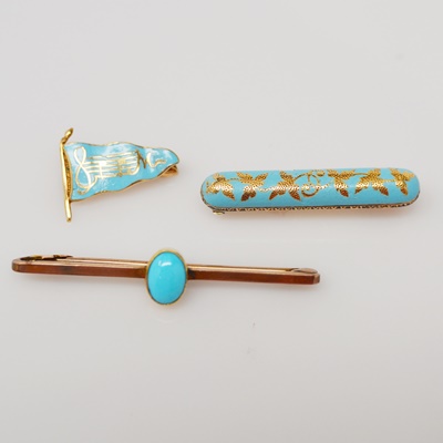 Two 14K Yellow Gold Enamel Brooches and One 9K Rose Gold Turquoise Brooch