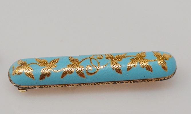 Two 14K Yellow Gold Enamel Brooches and One 9K Rose Gold Turquoise Brooch