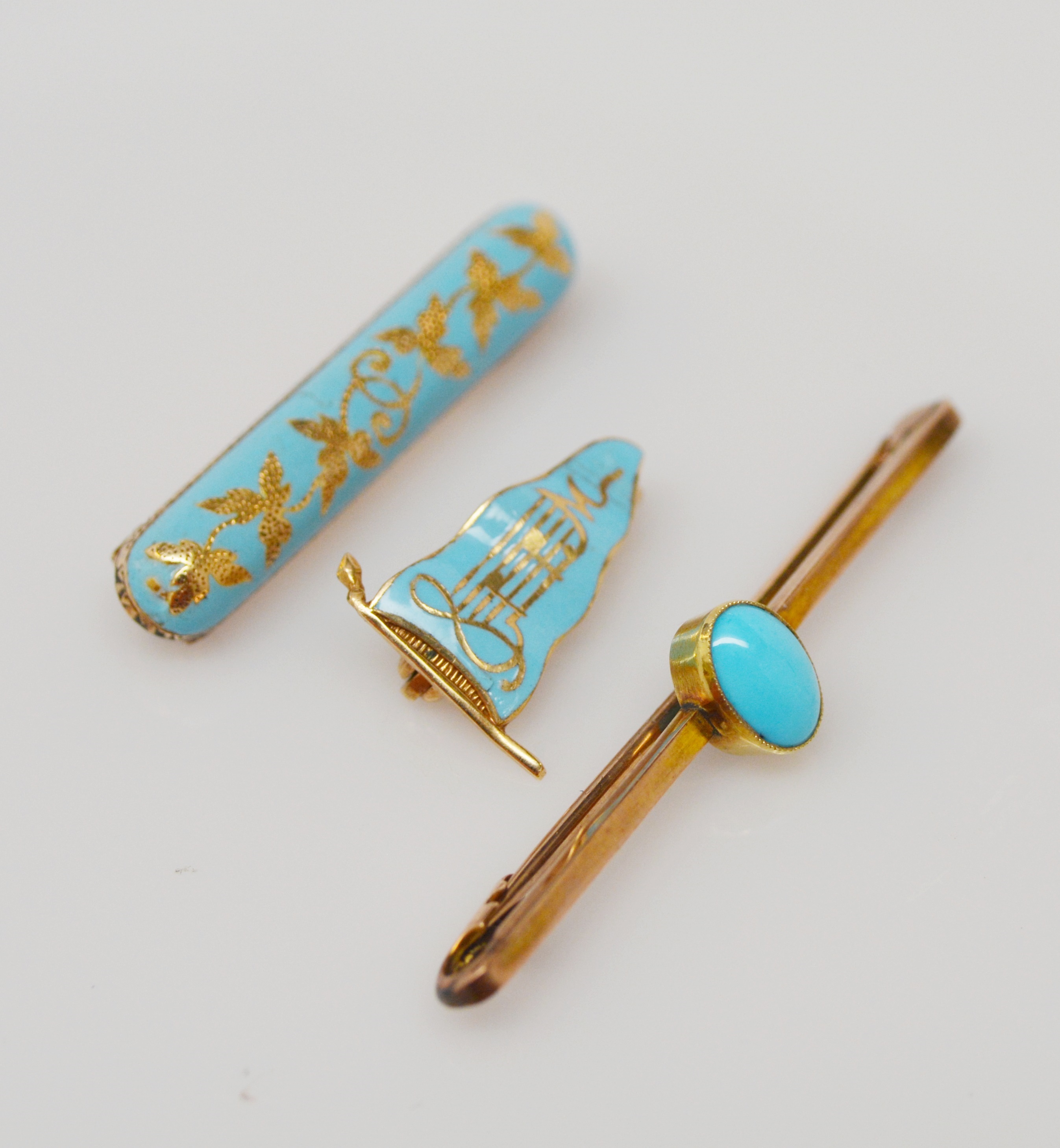 Two 14K Yellow Gold Enamel Brooches and One 9K Rose Gold Turquoise Brooch