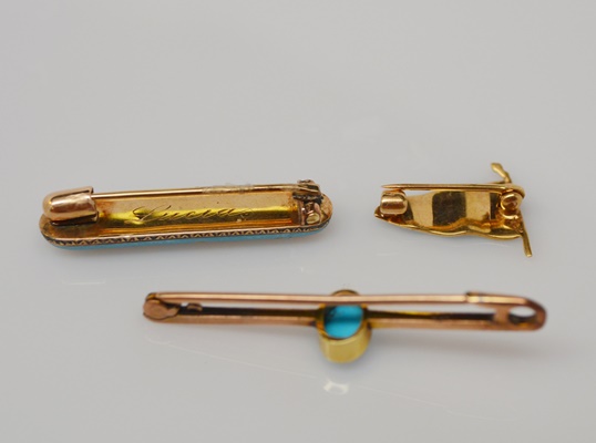 Two 14K Yellow Gold Enamel Brooches and One 9K Rose Gold Turquoise Brooch