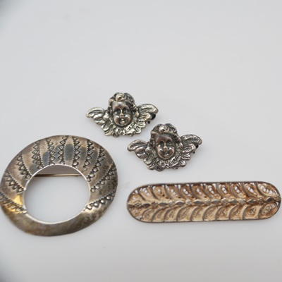 Victorian 835 Silver Cherub Brooches, 925 Bar Brooch and Southwest Style 800 Circular Brooch