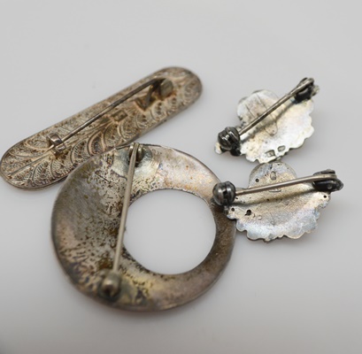 Victorian 835 Silver Cherub Brooches, 925 Bar Brooch and Southwest Style 800 Circular Brooch
