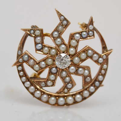 Vintage 14K Rose Gold Diamond and Seed Pearl Brooch
