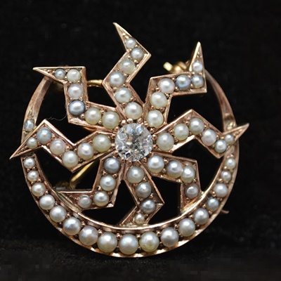 Vintage 14K Rose Gold Diamond and Seed Pearl Brooch