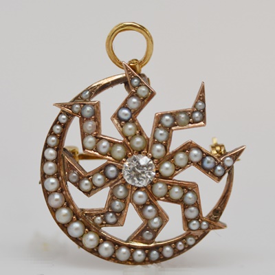 Vintage 14K Rose Gold Diamond and Seed Pearl Brooch