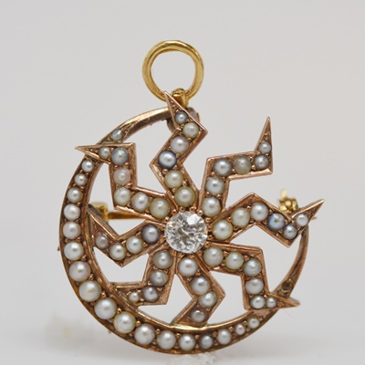Vintage 14K Rose Gold Diamond and Seed Pearl Brooch