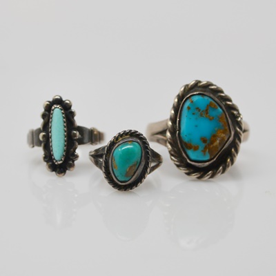 Three Native American Style Sterling Silver Turquoise Rings