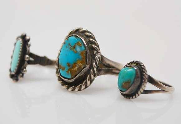Three Native American Style Sterling Silver Turquoise Rings