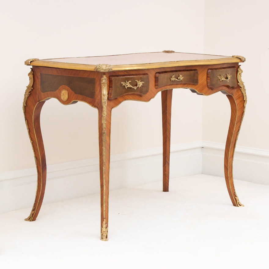 Antique French Inlaid Wood and Brass Desk