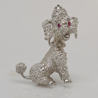 Vintage 14K White Gold and Ruby Poodle Brooch/Pendant