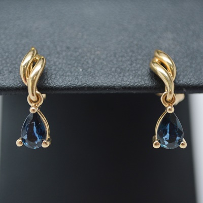 14K Yellow Gold Sapphire Dangle Pierced Earrings