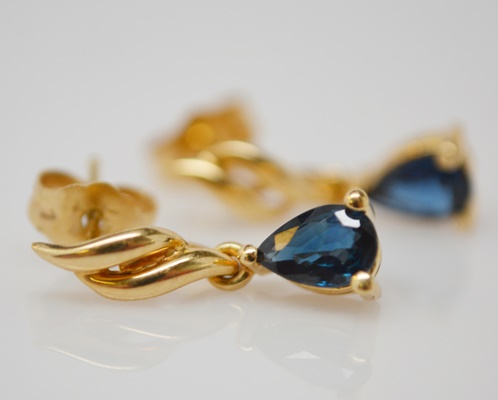 14K Yellow Gold Sapphire Dangle Pierced Earrings