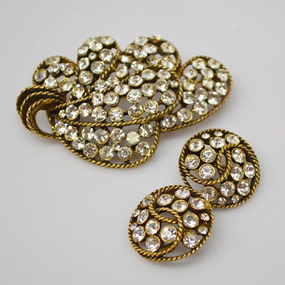 Kramer of New York Vintage Rhinestone Brooch and Clip-On Earring Set