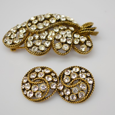Kramer of New York Vintage Rhinestone Brooch and Clip-On Earring Set