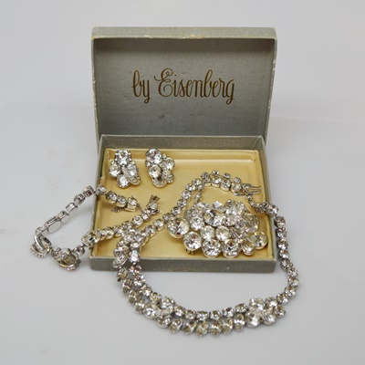 Eisenberg Circa 1950s Vintage "Headlight" Rhinestone Jewelry Set With Original Box