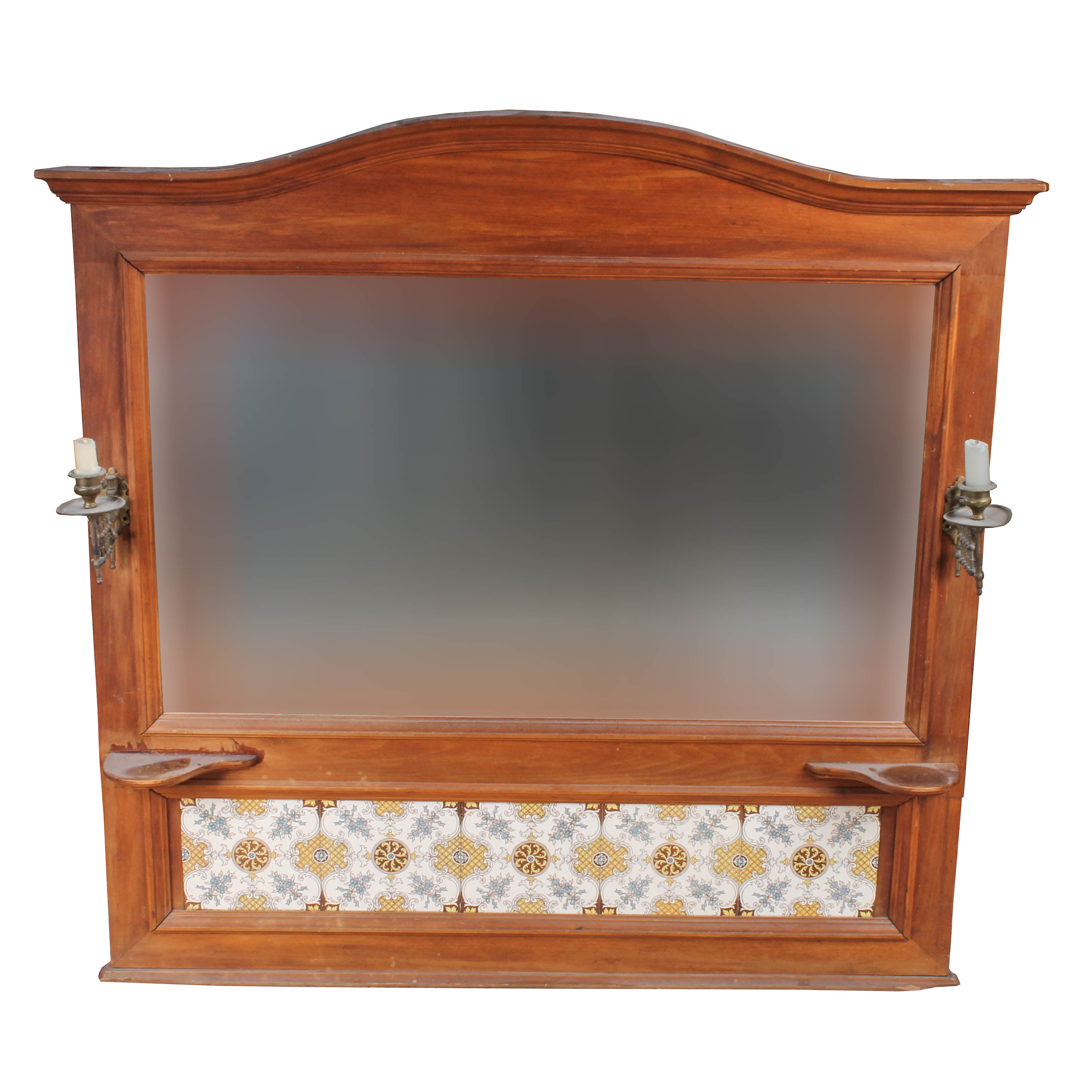 Antique Dresser Mirror with Brass Candle Holders and Villeroy & Boch Tiles