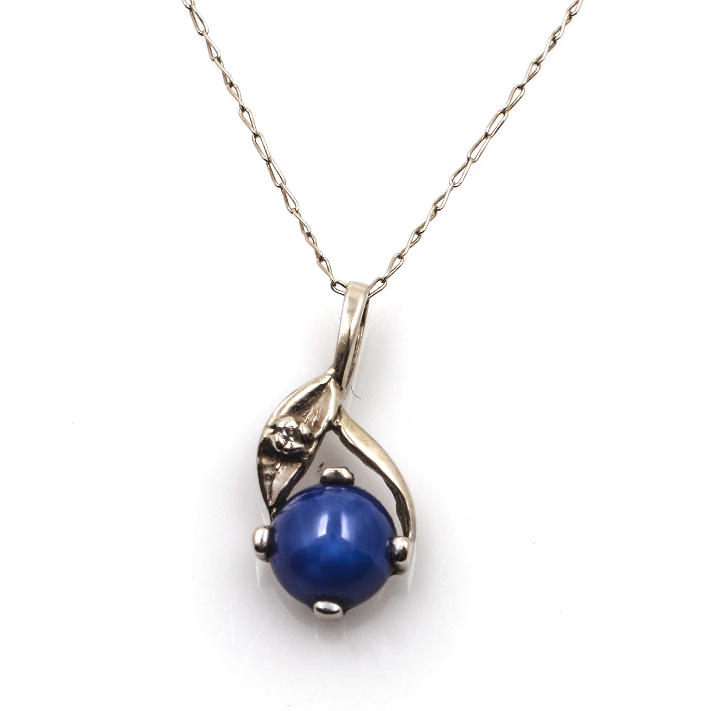 14K White Gold Blue Star Sapphire and Diamond Necklace