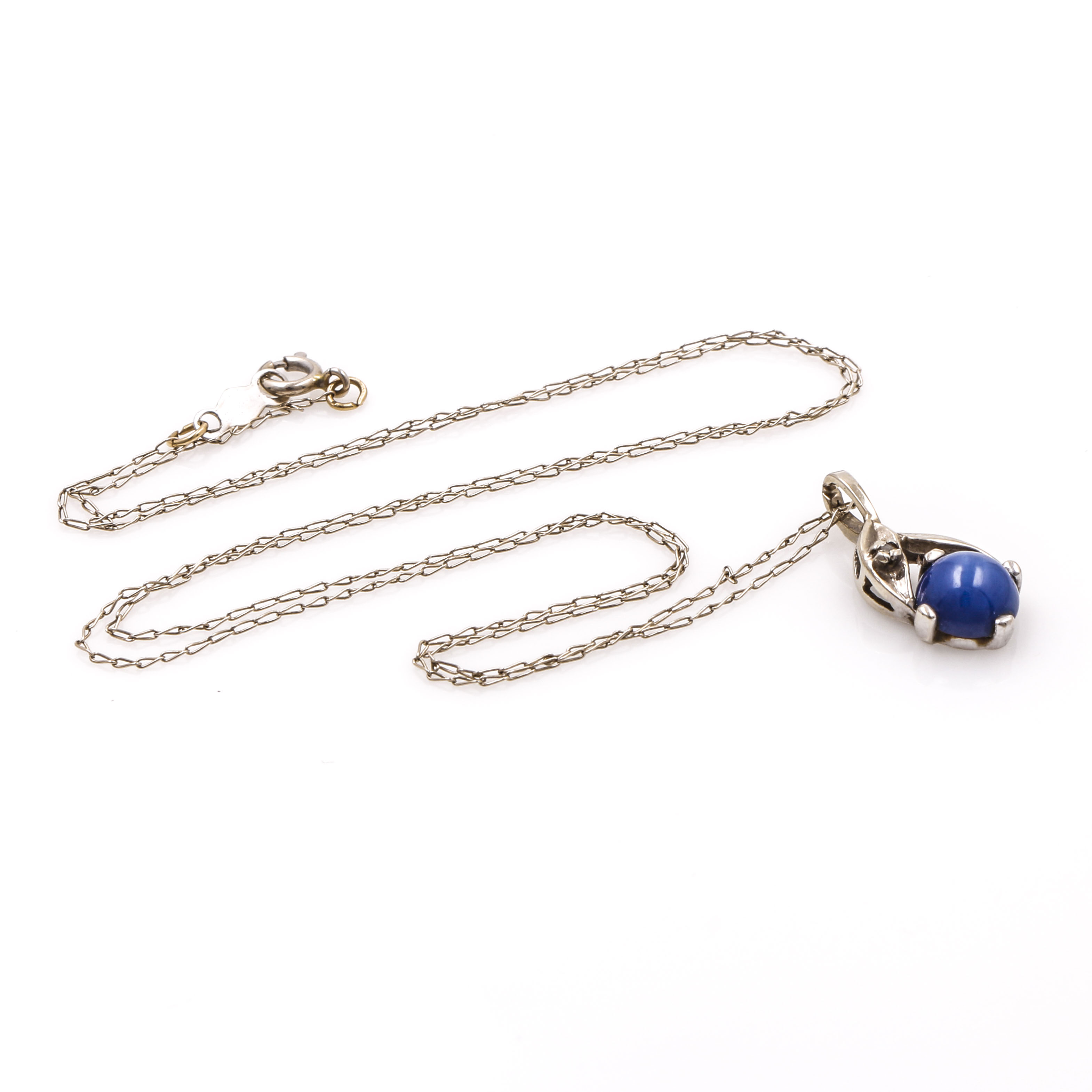 14K White Gold Blue Star Sapphire and Diamond Necklace