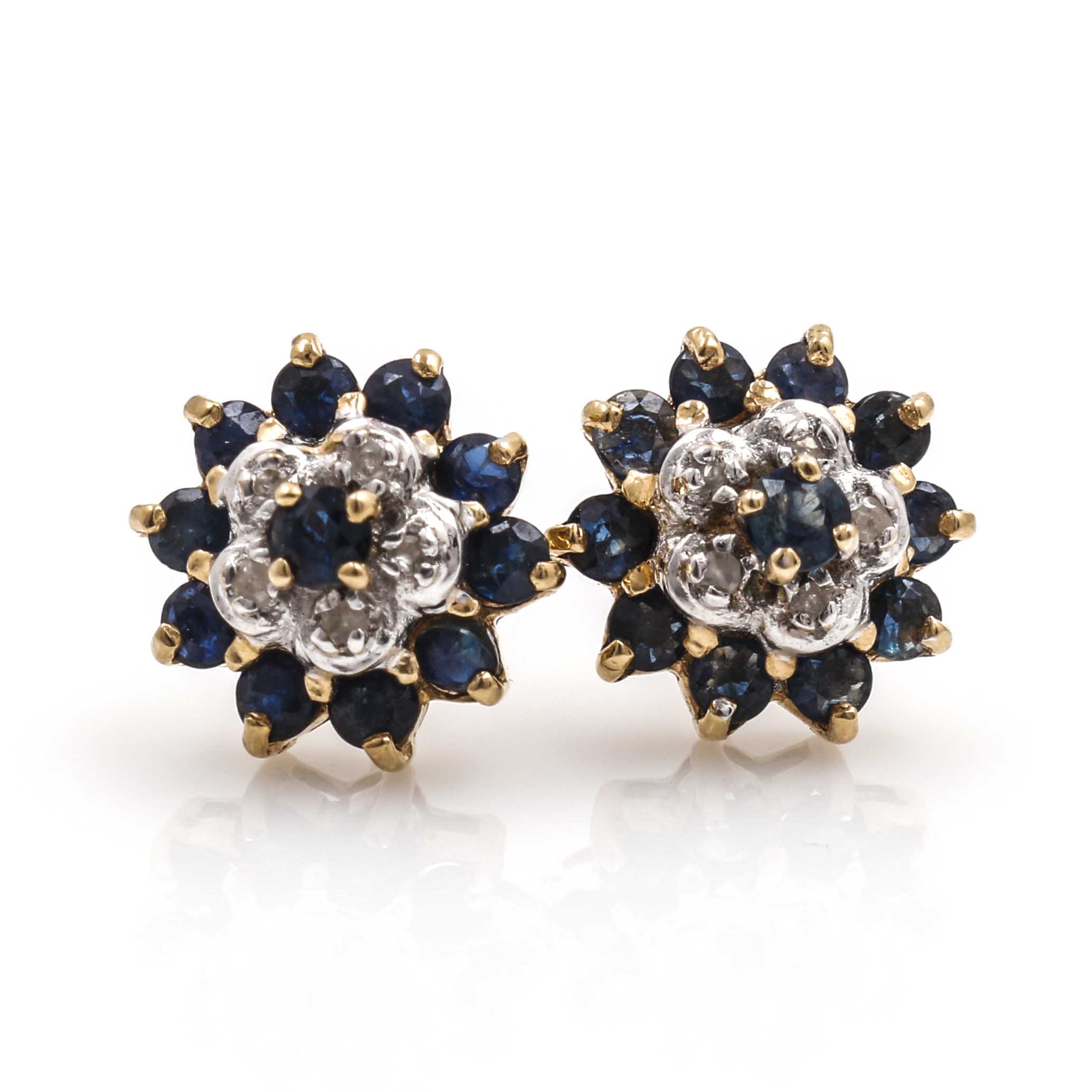 14K Yellow Gold Sapphire and Diamond Floral Earrings