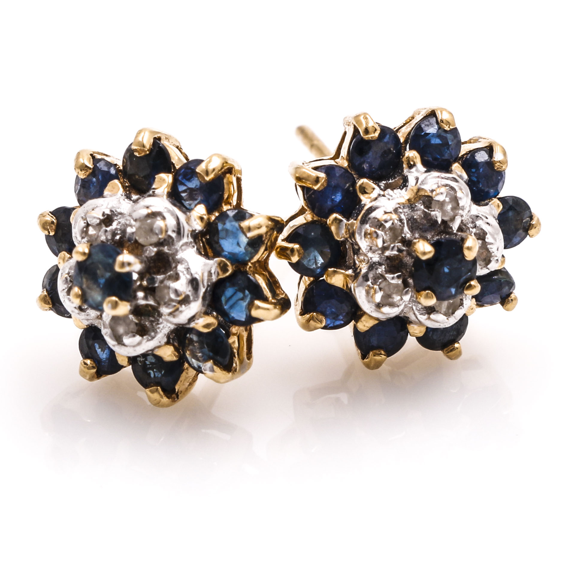 14K Yellow Gold Sapphire and Diamond Floral Earrings