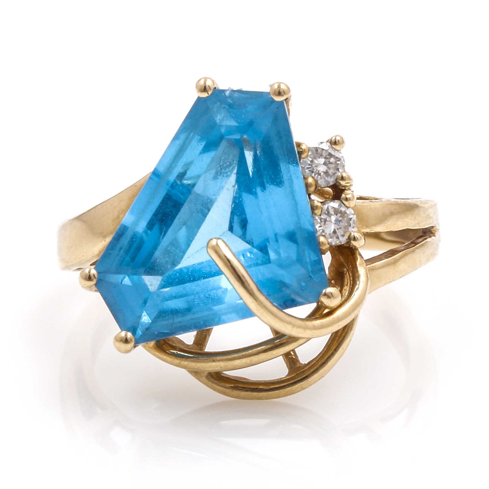 14K Yellow Gold Blue Topaz and Diamond Ring