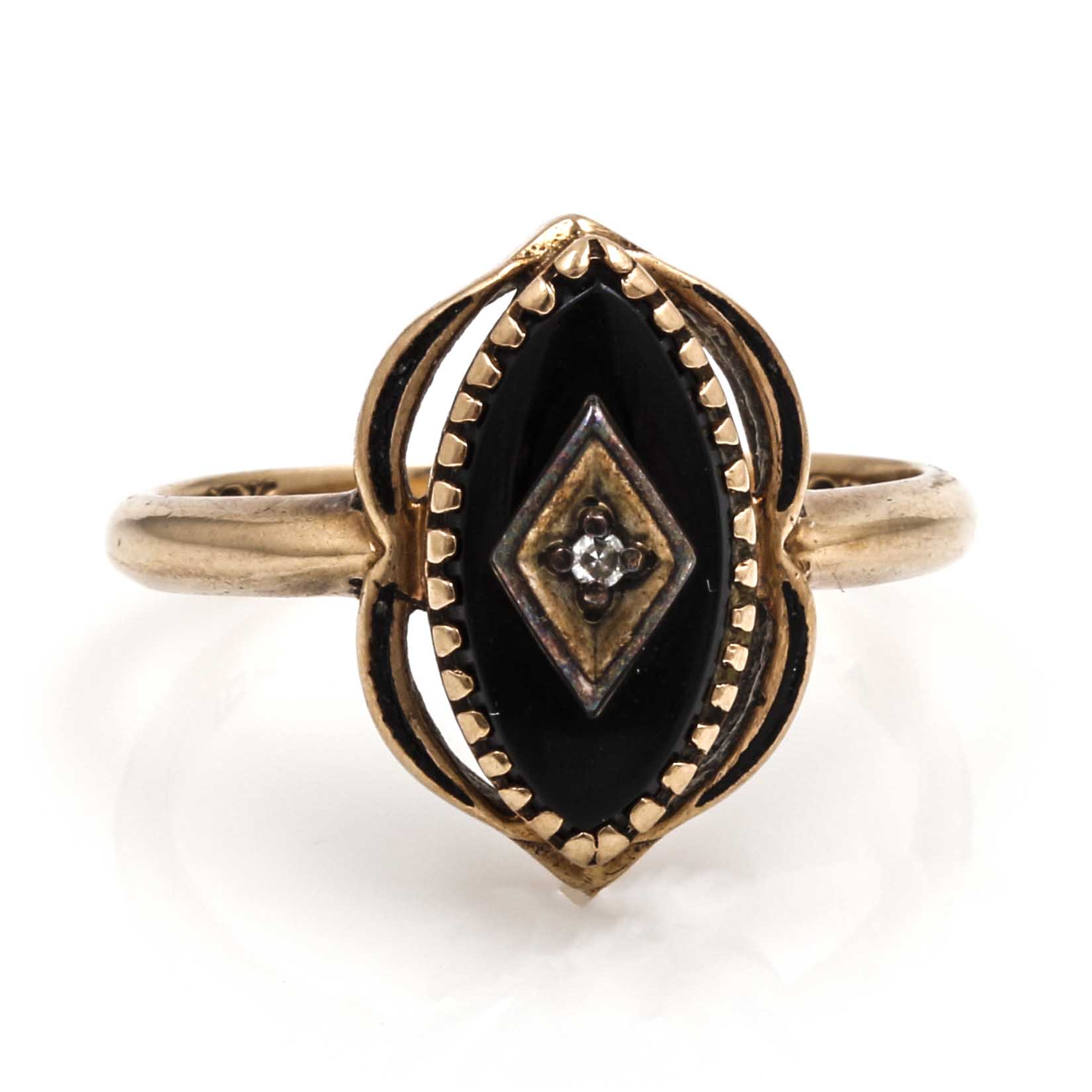 Victorian 10K Yellow Gold Black Onyx and Diamond Navette Ring