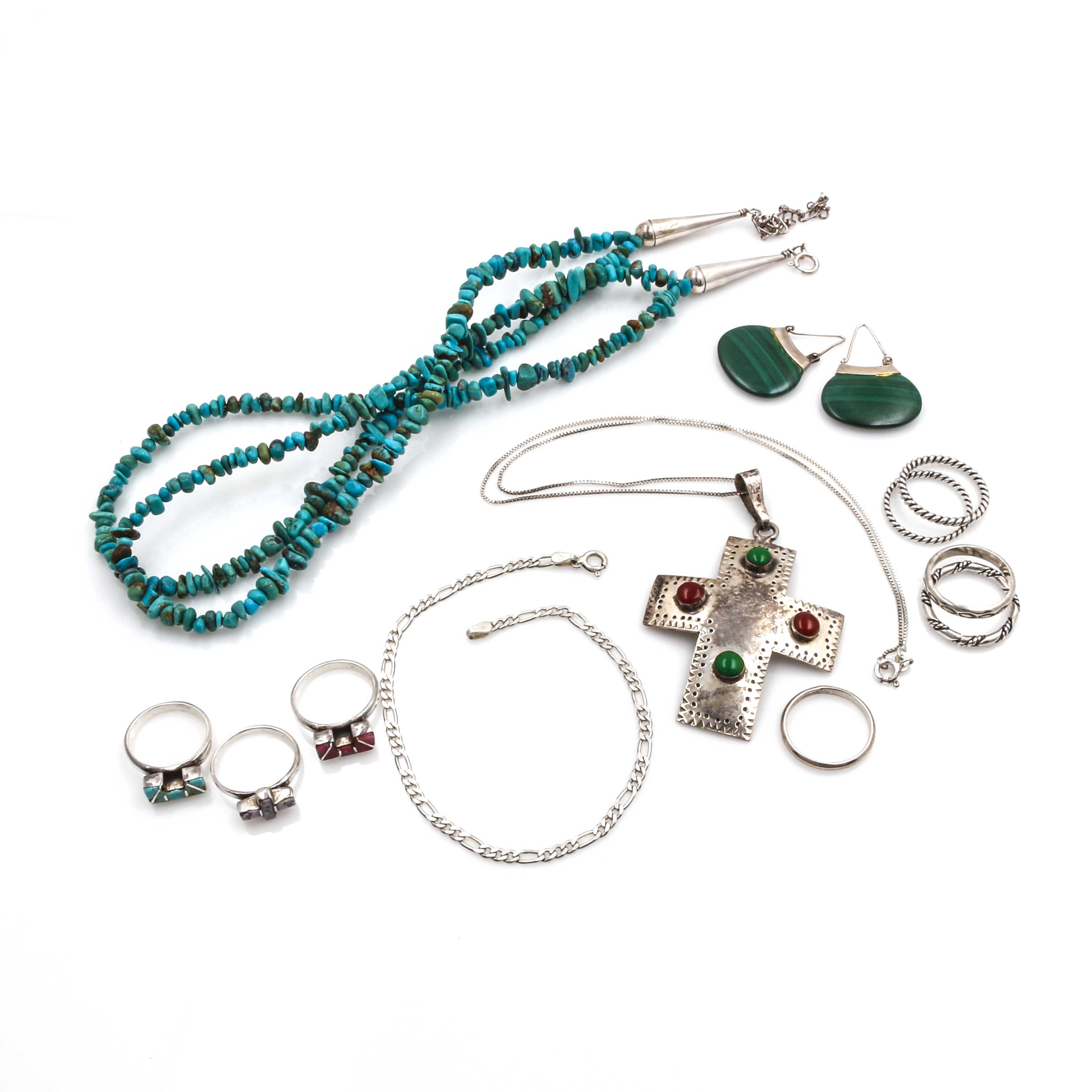 Sterling Silver Turquoise, Agate, and Malachite Jewelry