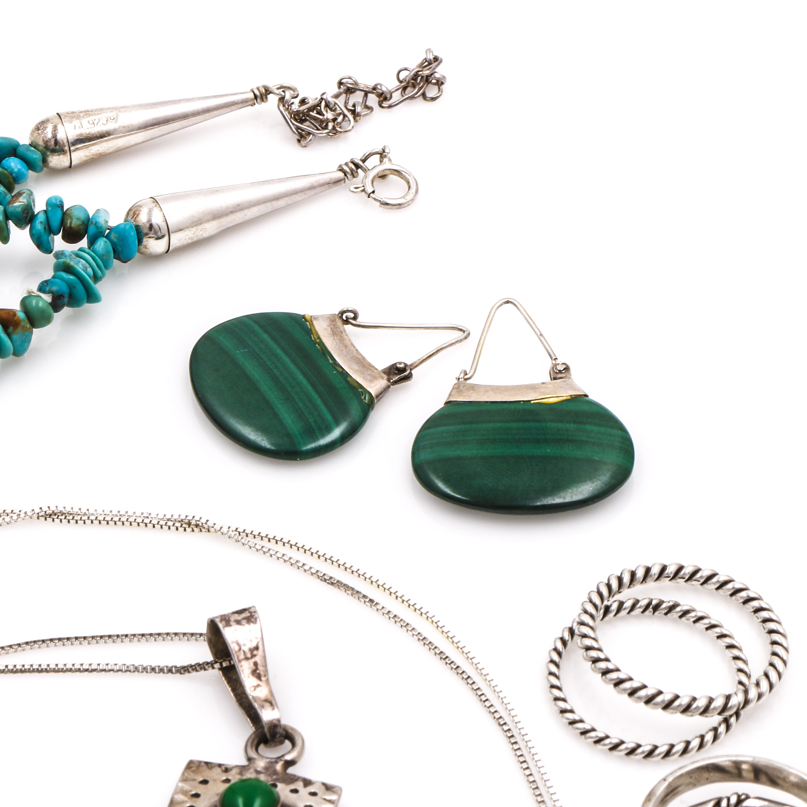 Sterling Silver Turquoise, Agate, and Malachite Jewelry