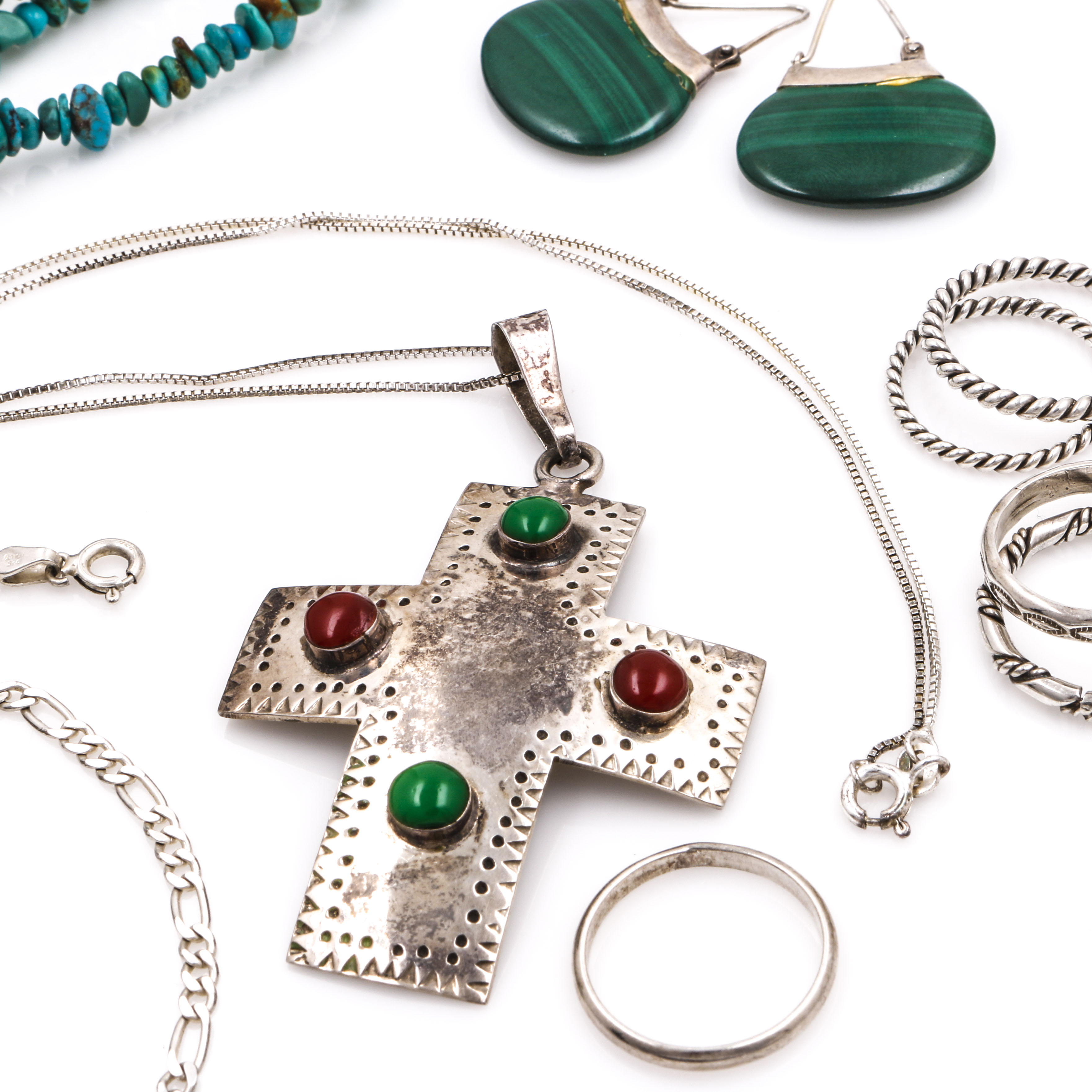 Sterling Silver Turquoise, Agate, and Malachite Jewelry