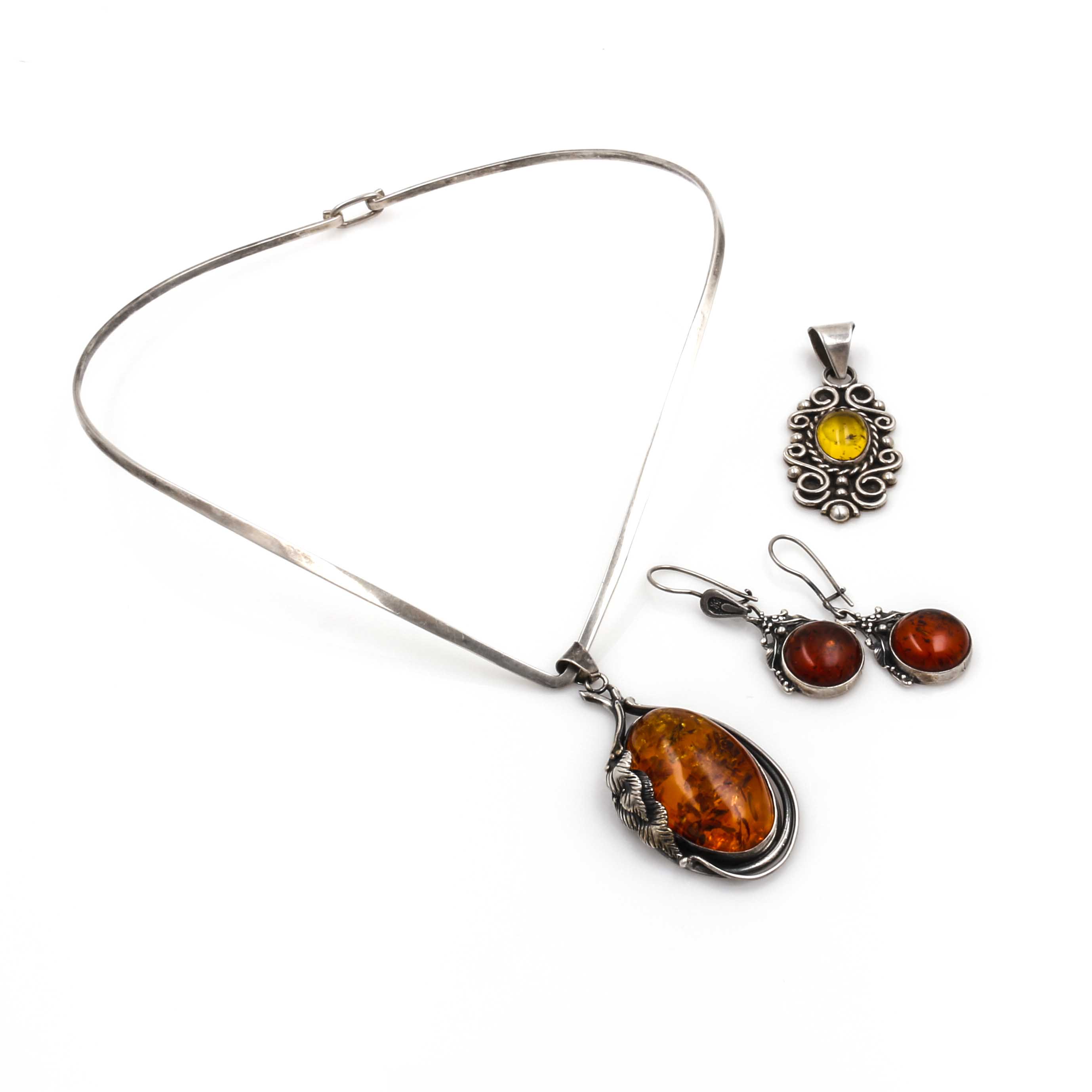 Sterling Silver Amber Necklace and Earrings