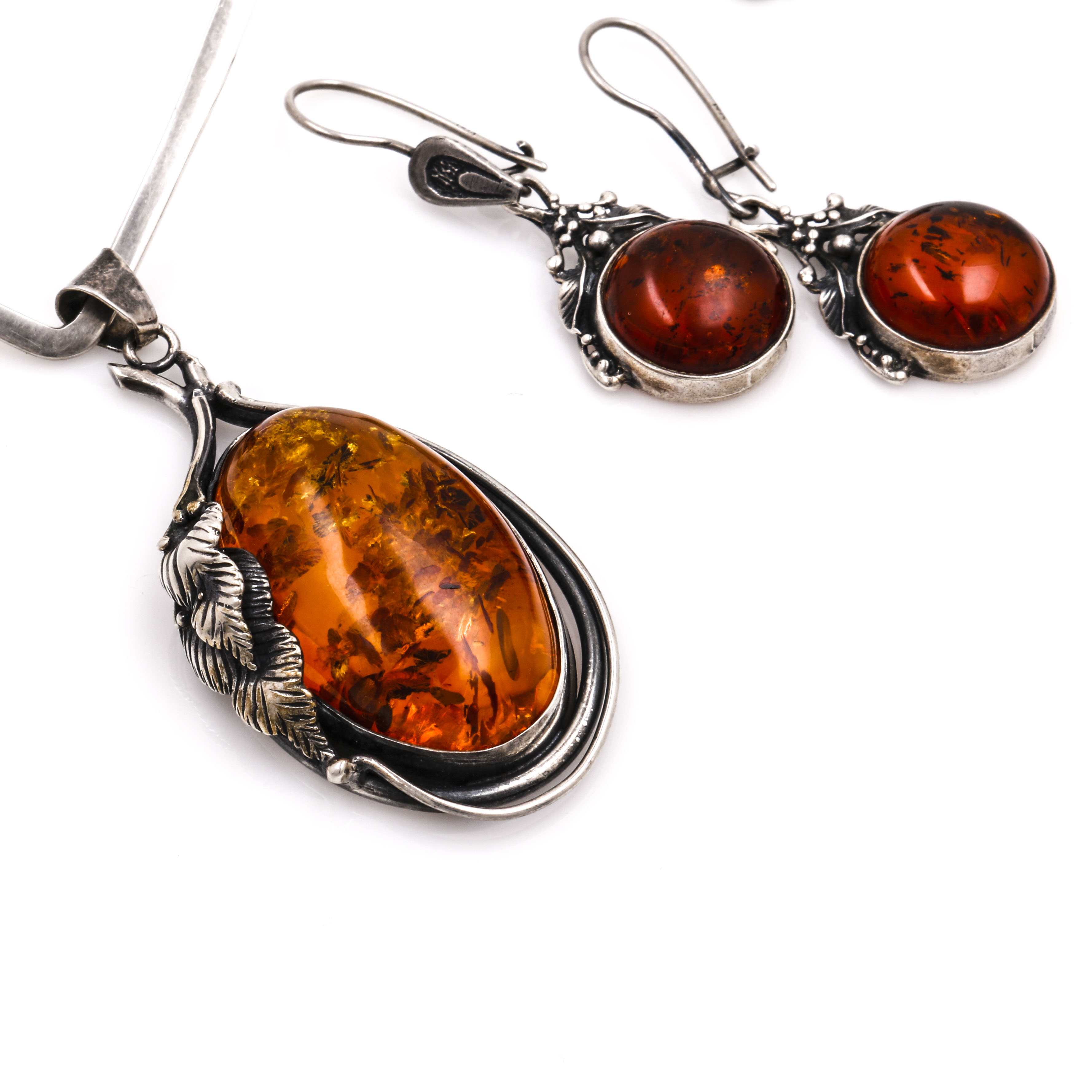 Sterling Silver Amber Necklace and Earrings