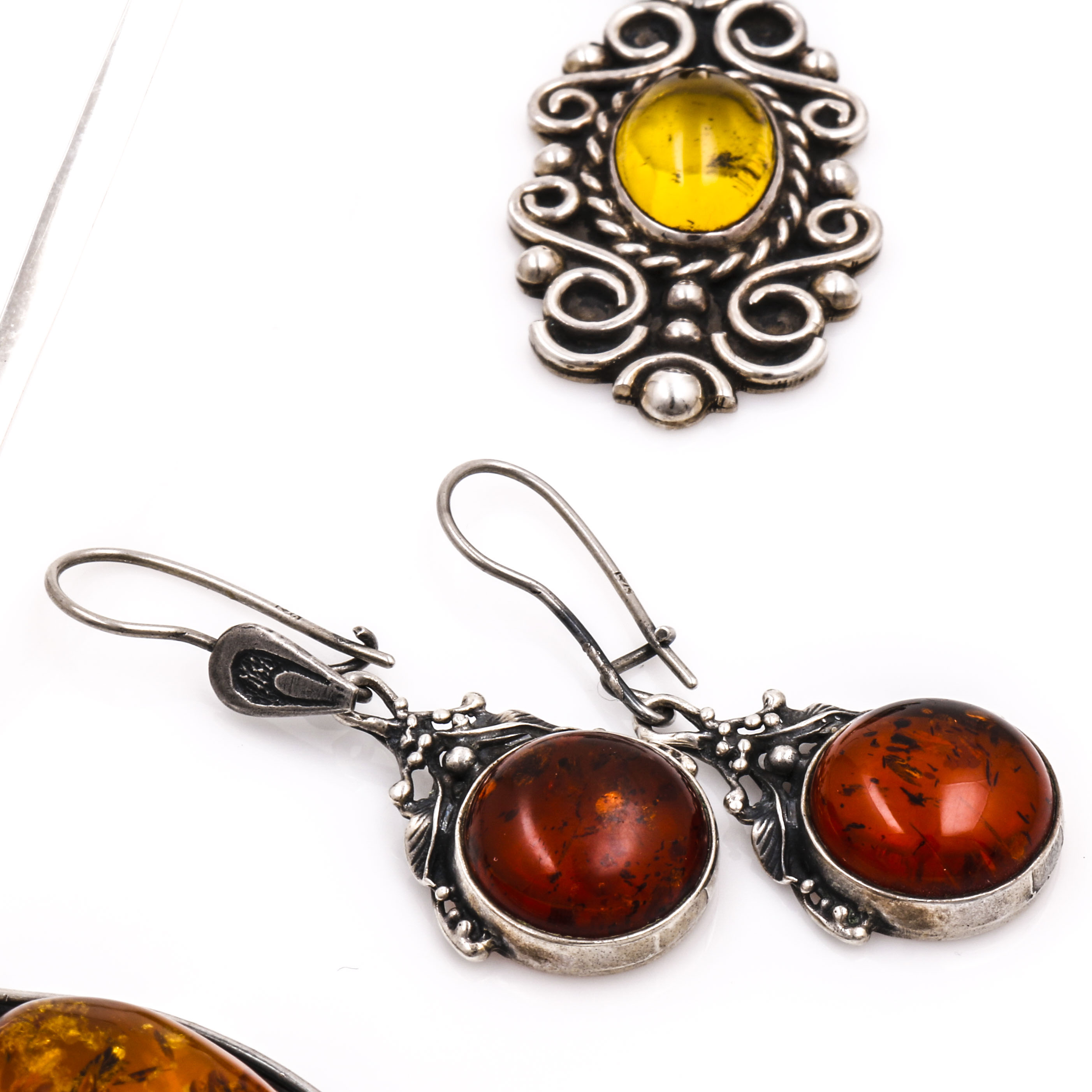 Sterling Silver Amber Necklace and Earrings