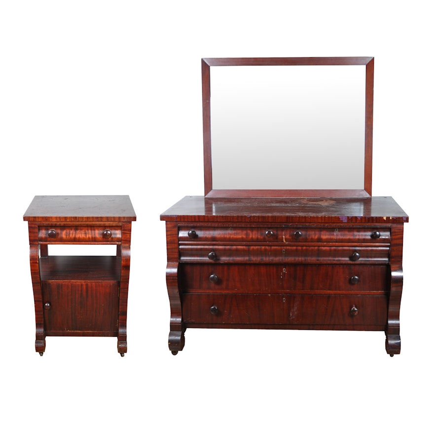 Antique Empire Style Mirror-Backed Dresser and Nightstand