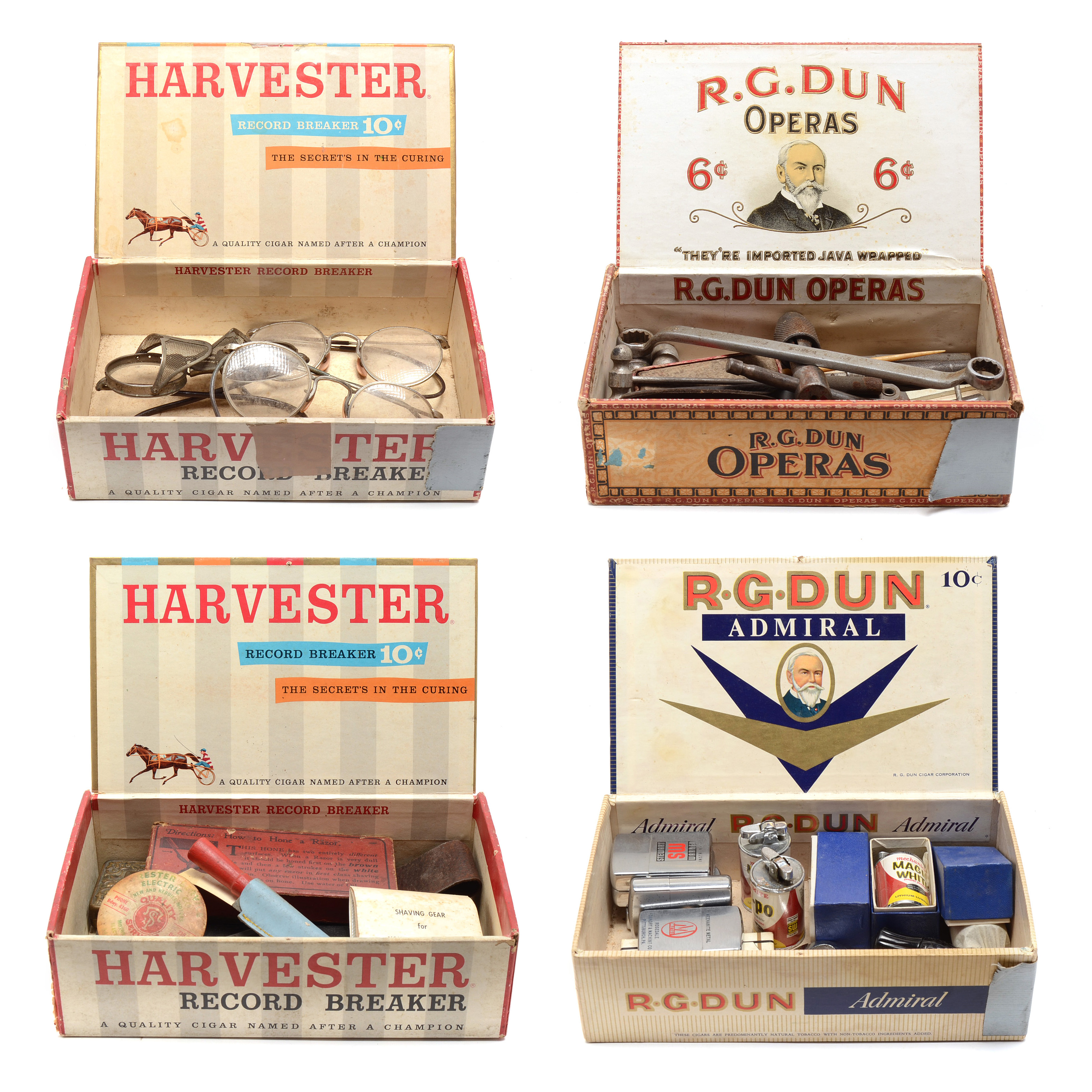 Four Vintage Cigar Boxes with Varied Items