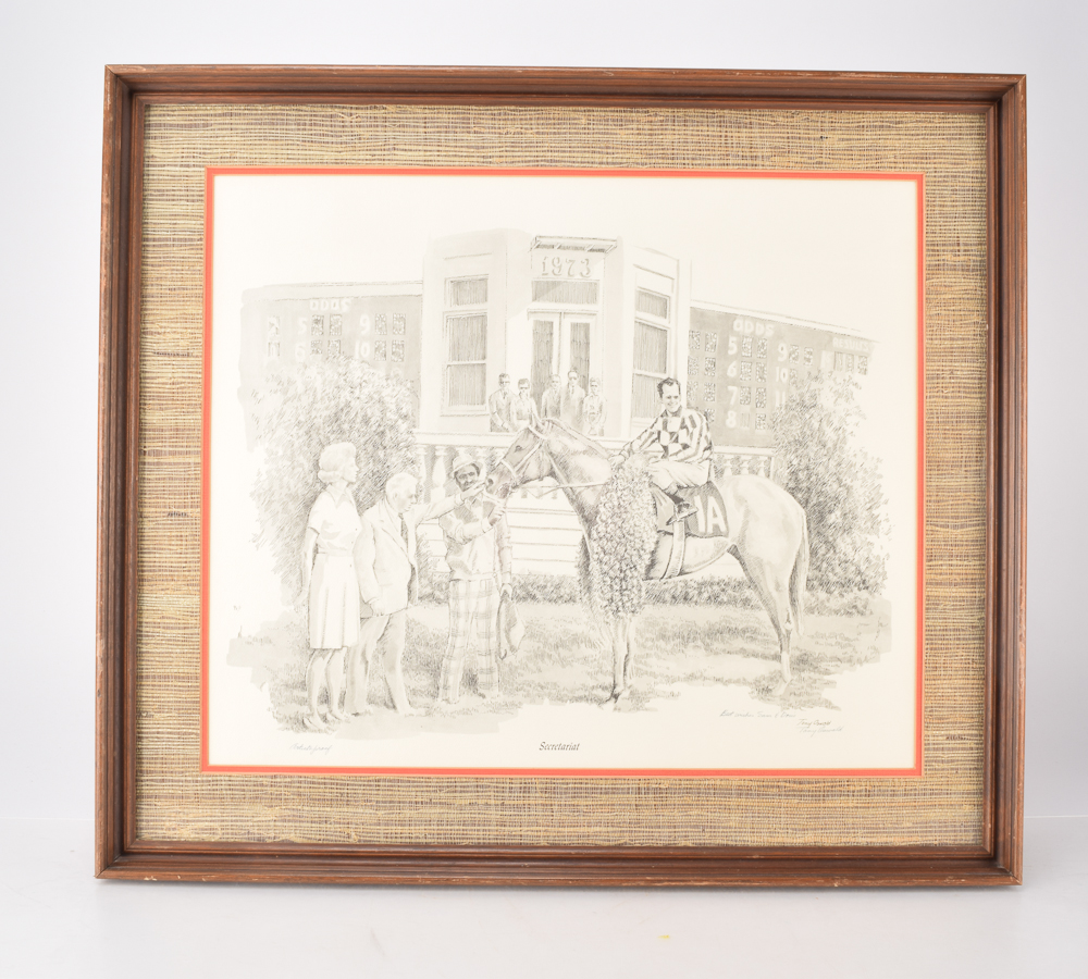 Tony Oswald Framed Offset Lithograph of Etching "Secretariat"
