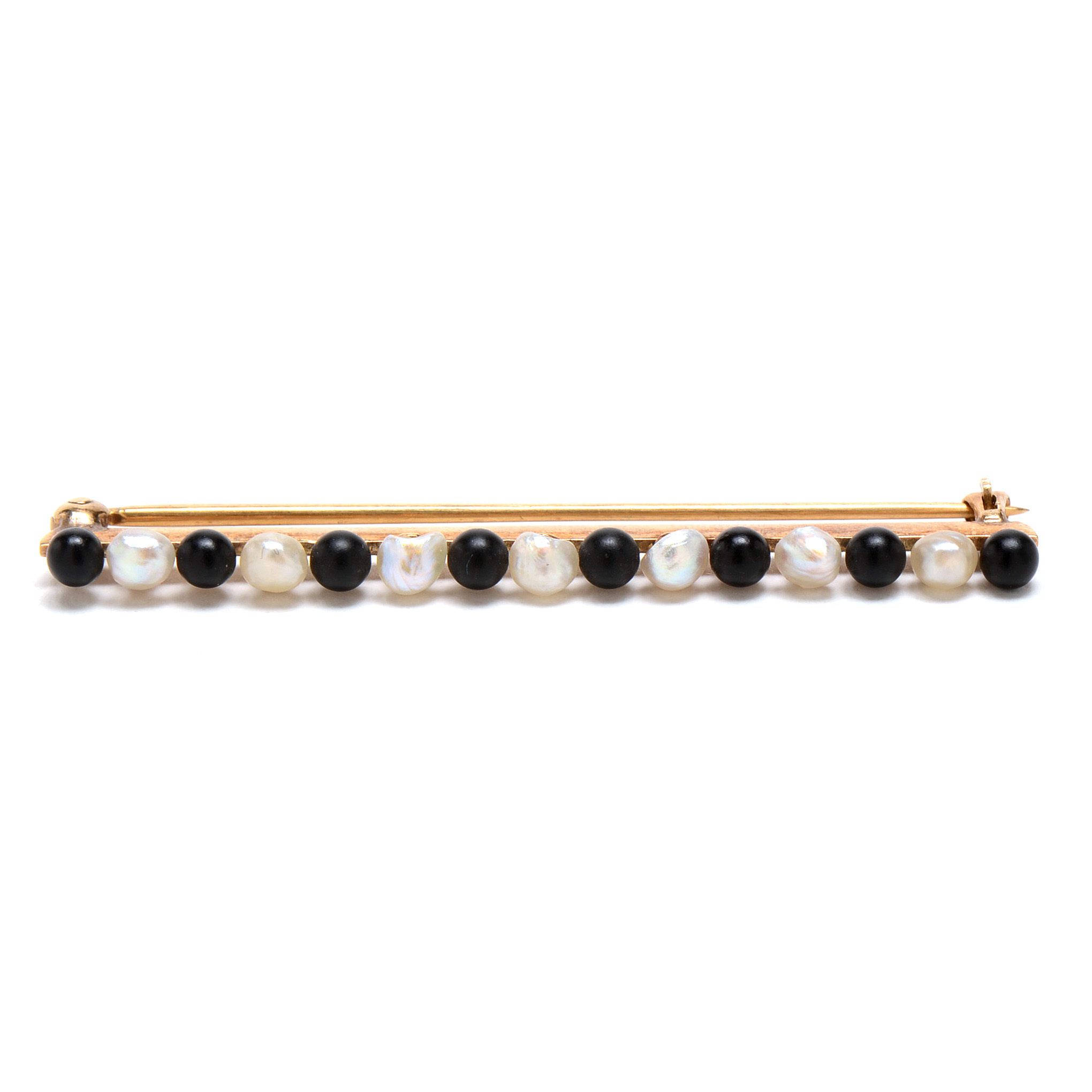 Vintage 14K Yellow Gold Freshwater Pearl Black Onyx Bar Pin