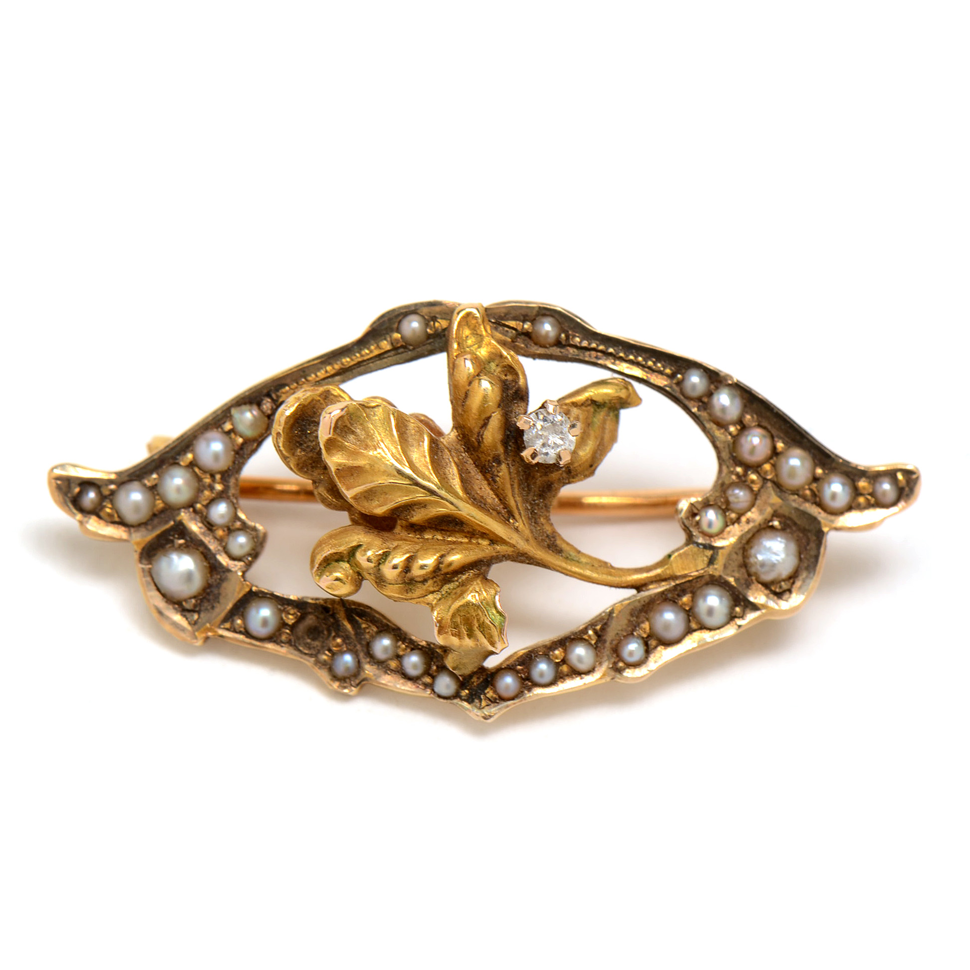 Art Nouveau 10K Yellow Gold Diamond Seed Pearl Floral Pin