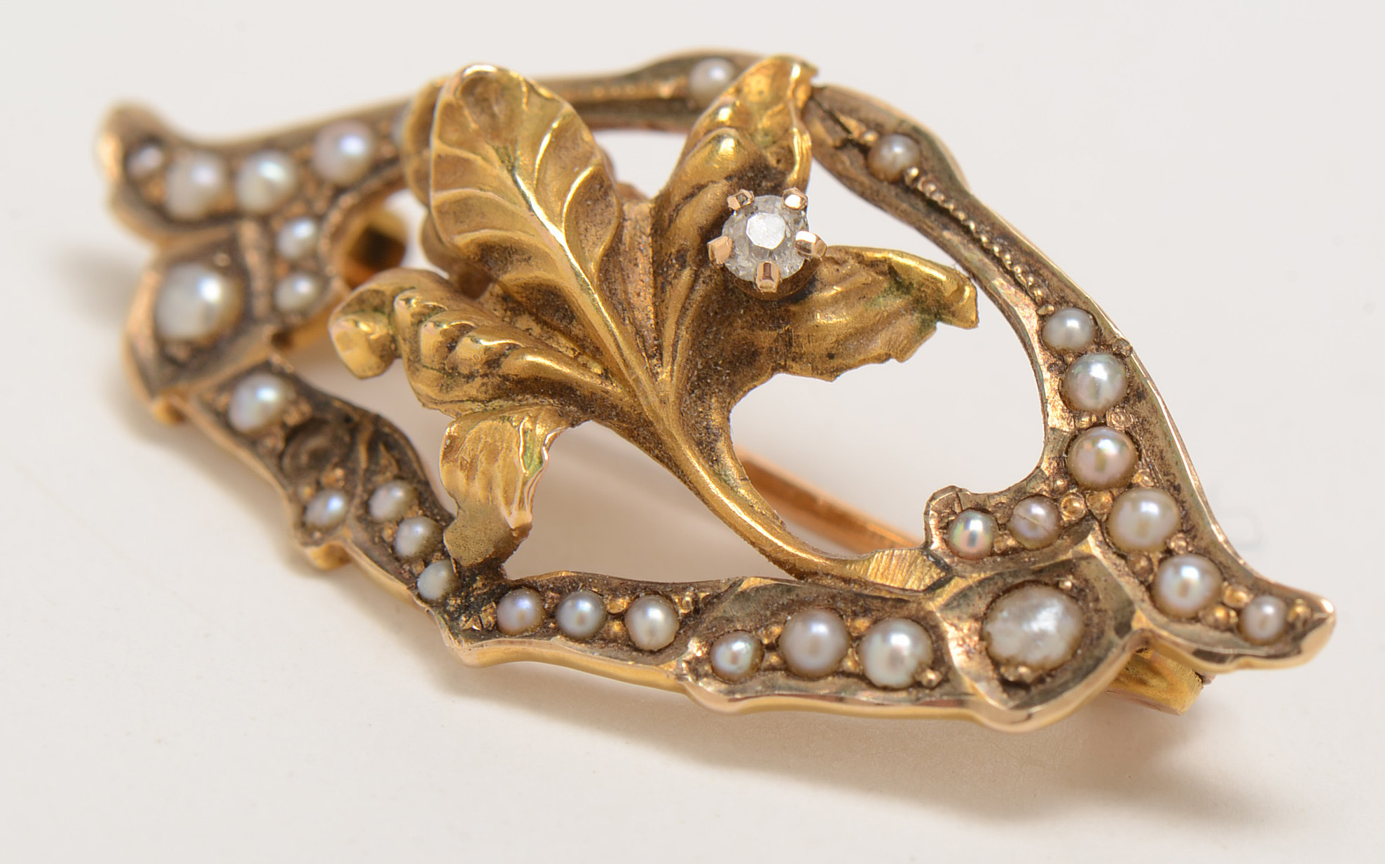 Art Nouveau 10K Yellow Gold Diamond Seed Pearl Floral Pin