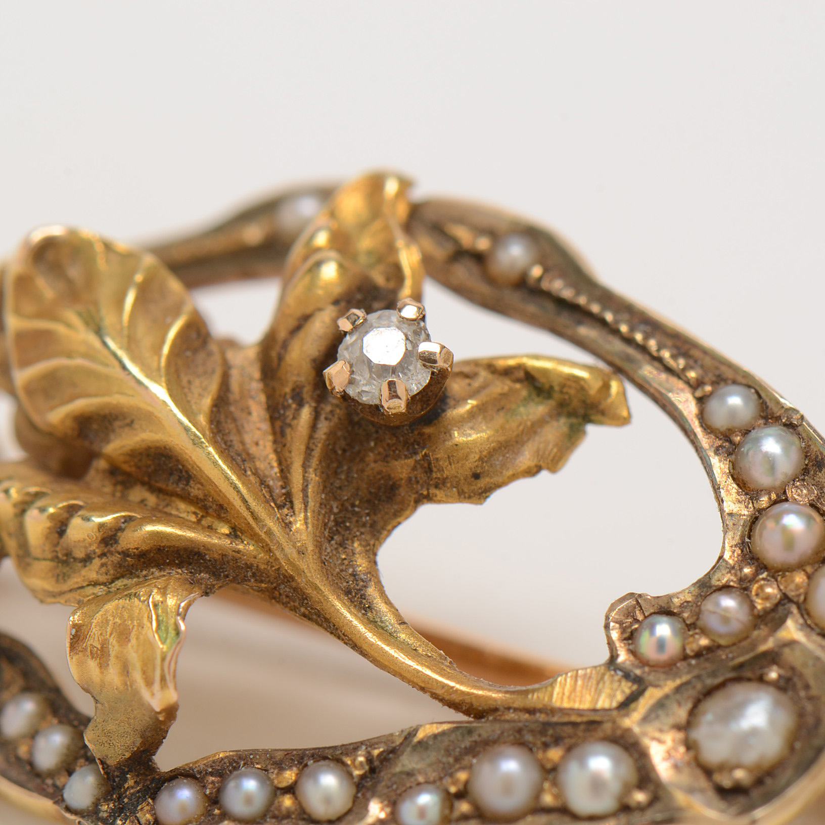 Art Nouveau 10K Yellow Gold Diamond Seed Pearl Floral Pin